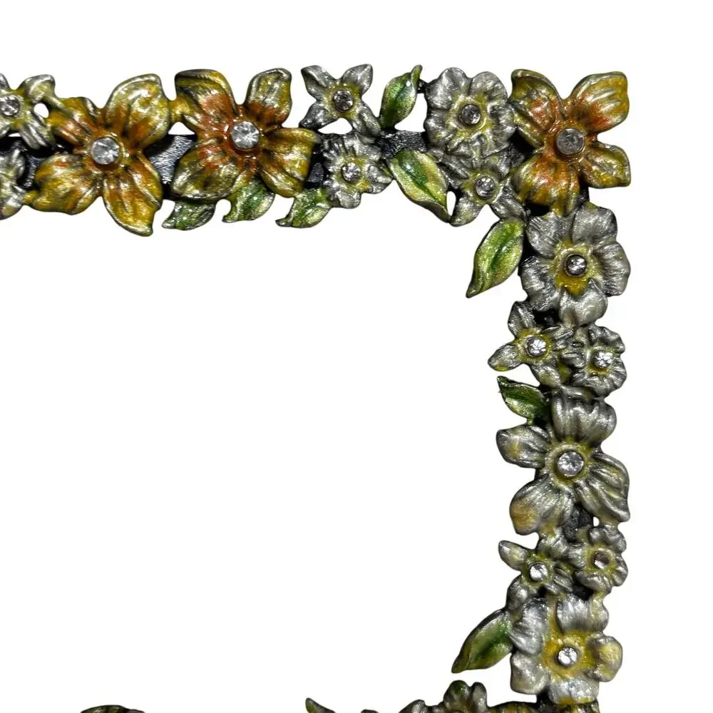 Romantic floral enamel photo picture frame yellow orange green & rhinestones